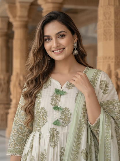 Green Floral Cotton Gathered Kurta Set with Sequin Work, Palazzo & Printed Dupatta