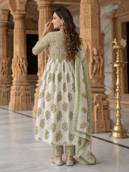 Green Floral Cotton Gathered Kurta Set with Sequin Work, Palazzo & Printed Dupatta