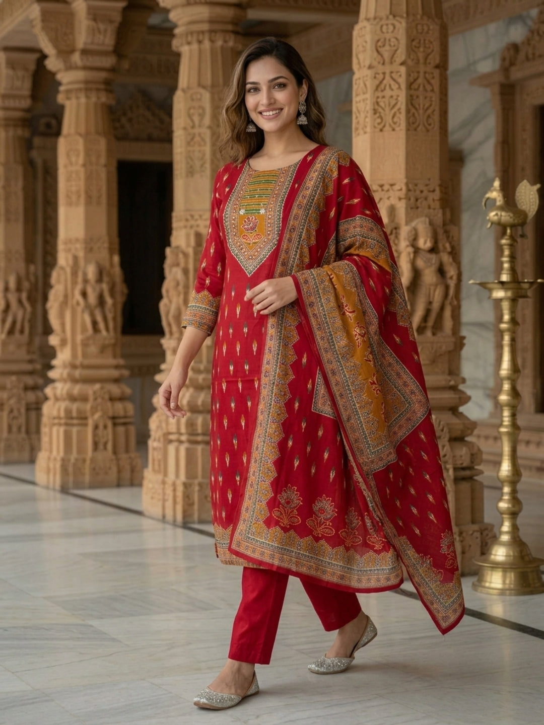 Brick Red Printed Silk Kurta Set with Pant & Dupatta