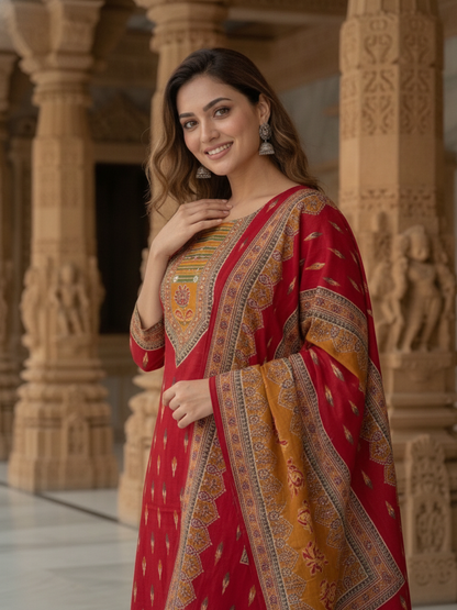 Brick Red Printed Silk Kurta Set with Pant & Dupatta