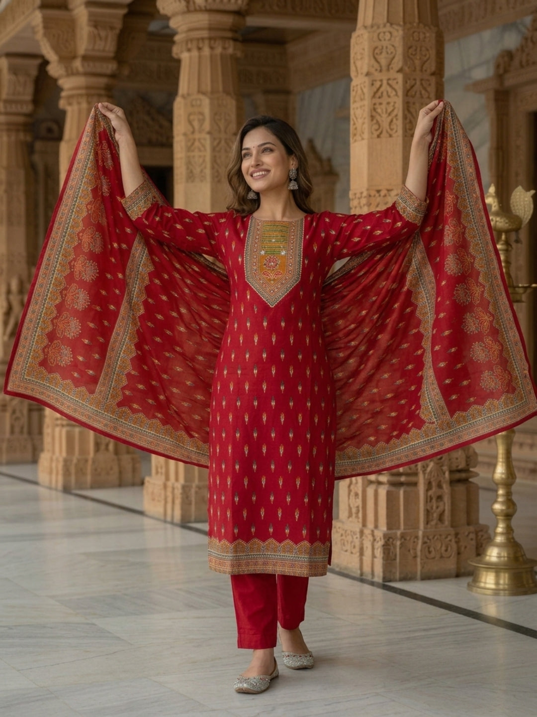 Brick Red Printed Silk Kurta Set with Pant & Dupatta