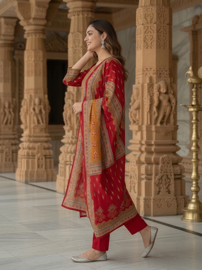 Brick Red Printed Silk Kurta Set with Pant & Dupatta