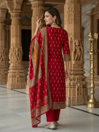 Brick Red Printed Silk Kurta Set with Pant & Dupatta