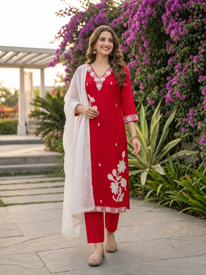 Rani Pink Silk Kurta Set with Floral Patchwork Embroidery, Pant & Dupatta