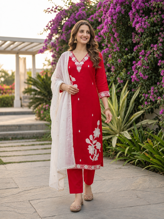 Rani Pink Silk Kurta Set with Floral Patchwork Embroidery, Pant & Dupatta