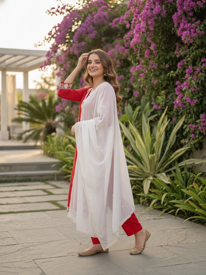 Rani Pink Silk Kurta Set with Floral Patchwork Embroidery, Pant & Dupatta