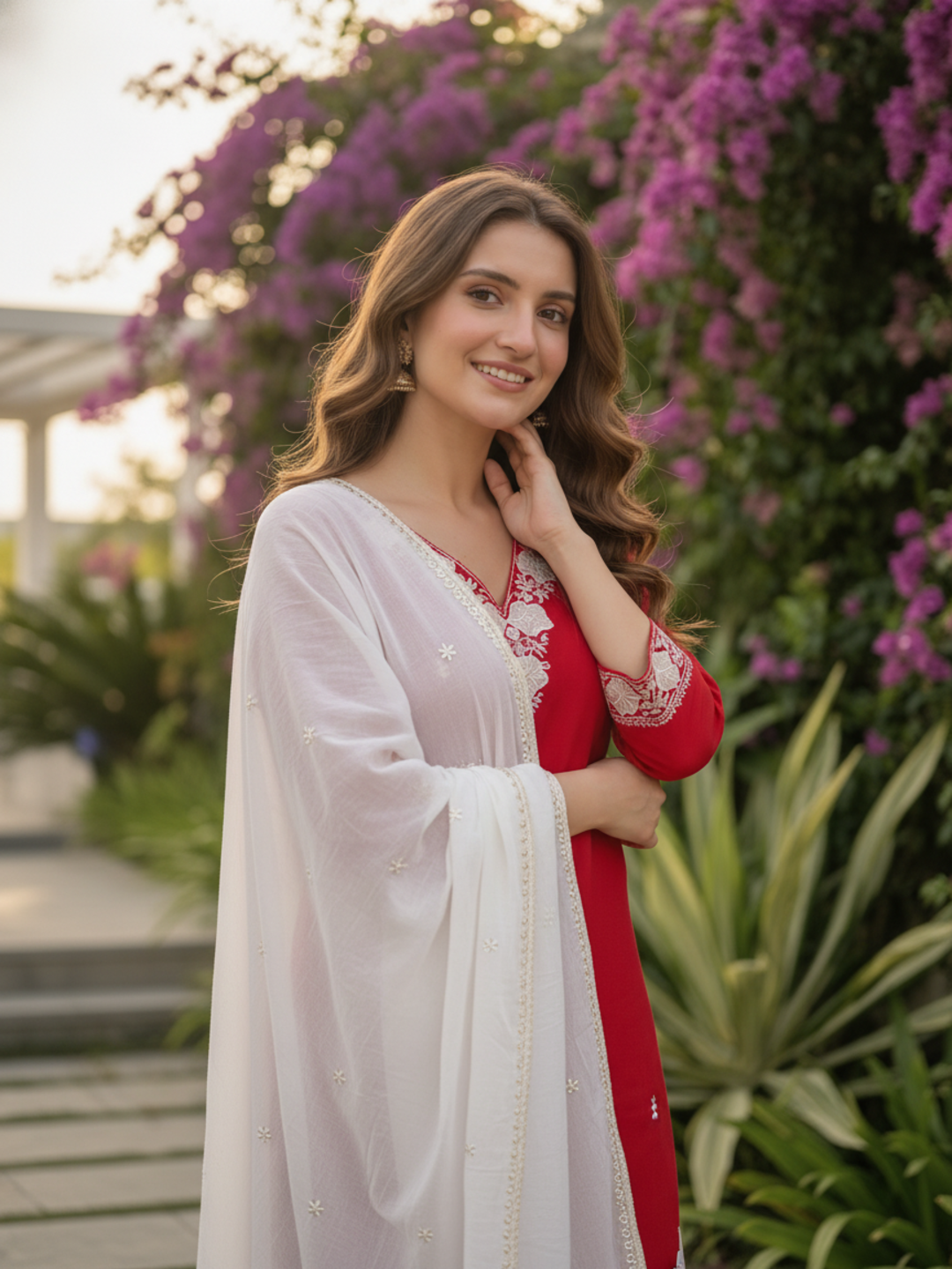 Rani Pink Silk Kurta Set with Floral Patchwork Embroidery, Pant & Dupatta