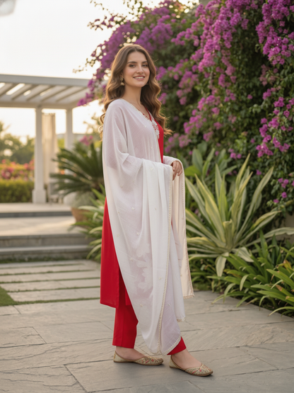 Rani Pink Silk Kurta Set with Floral Patchwork Embroidery, Pant & Dupatta