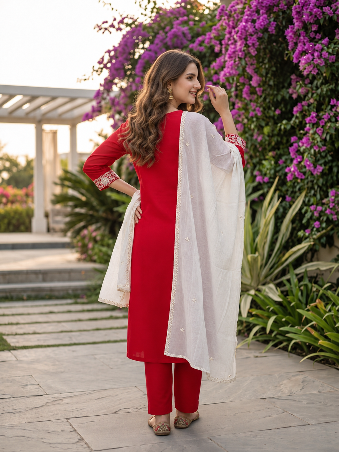 Rani Pink Silk Kurta Set with Floral Patchwork Embroidery, Pant & Dupatta