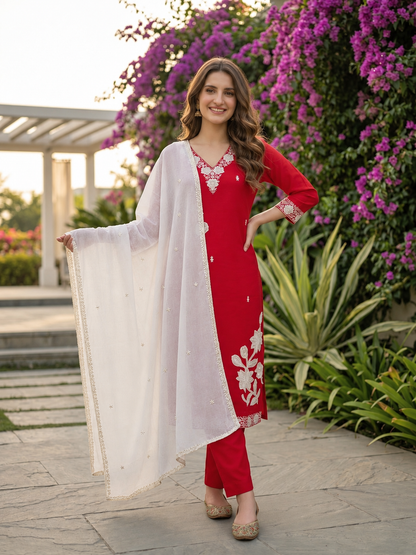 Rani Pink Silk Kurta Set with Floral Patchwork Embroidery, Pant & Dupatta