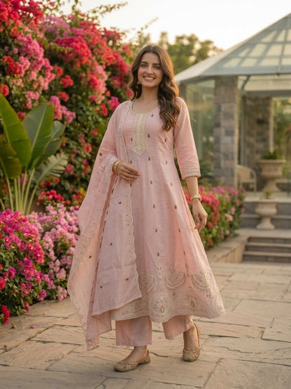 Baby Pink Chanderi Silk Anarkali Set with Thread & Sequin Embroidery, Pants & Dupatta
