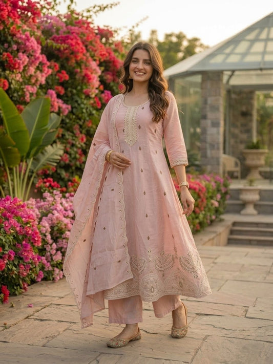 Baby Pink Chanderi Silk Anarkali Set with Thread & Sequin Embroidery, Pants & Dupatta
