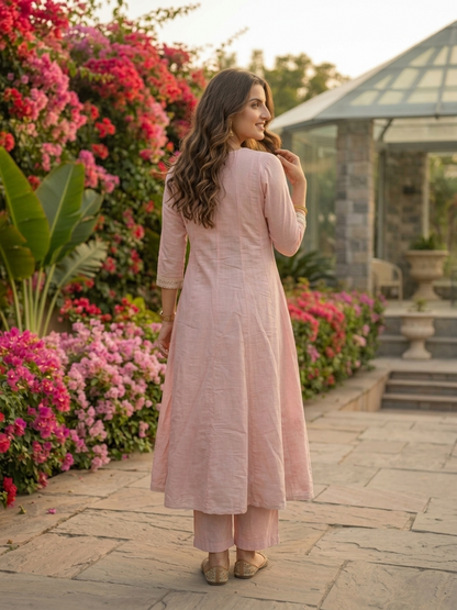 Baby Pink Chanderi Silk Anarkali Set with Thread & Sequin Embroidery, Pants & Dupatta