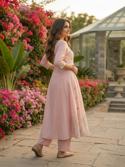 Baby Pink Chanderi Silk Anarkali Set with Thread & Sequin Embroidery, Pants & Dupatta