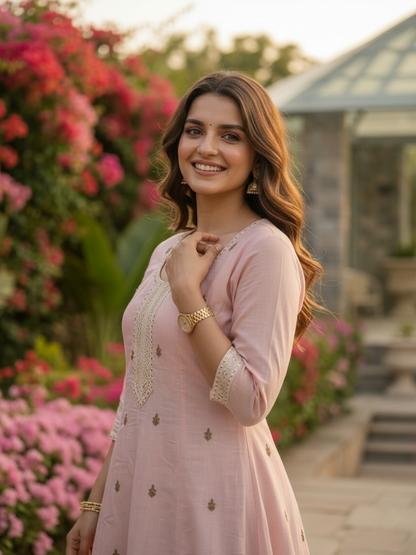 Baby Pink Chanderi Silk Anarkali Set with Thread & Sequin Embroidery, Pants & Dupatta