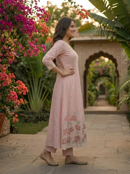 Pink Chanderi Silk Anarkali Set with Thread & Sequin Embroidery, Pants & Dupatta