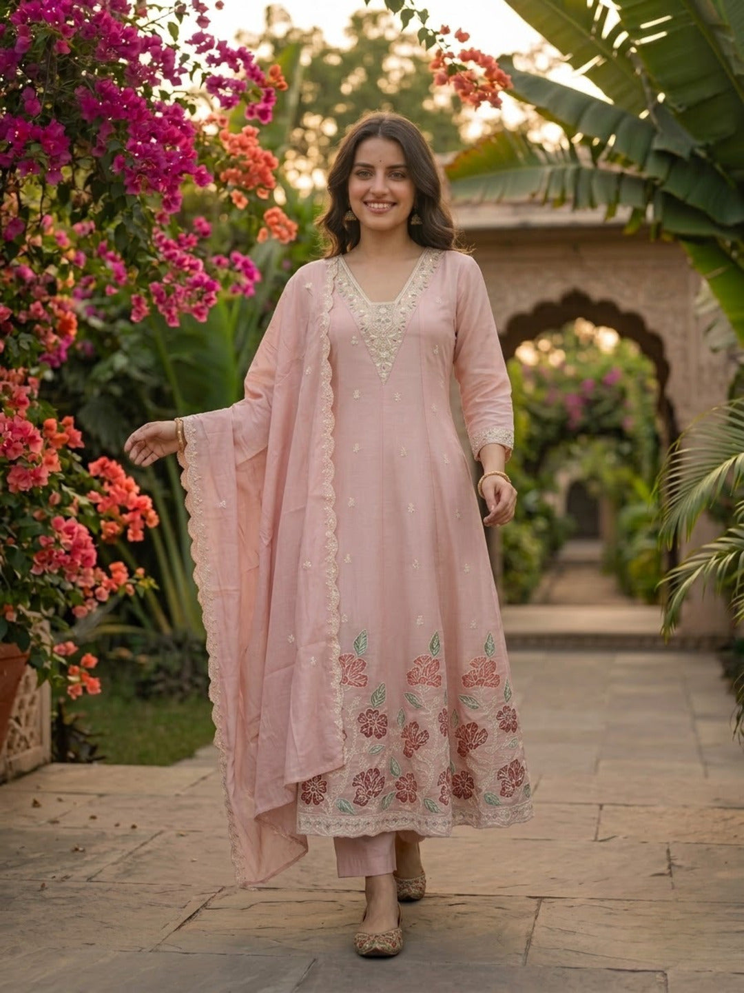 Pink Chanderi Silk Anarkali Set with Thread & Sequin Embroidery, Pants & Dupatta