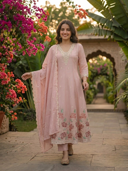 Pink Chanderi Silk Anarkali Set with Thread & Sequin Embroidery, Pants & Dupatta