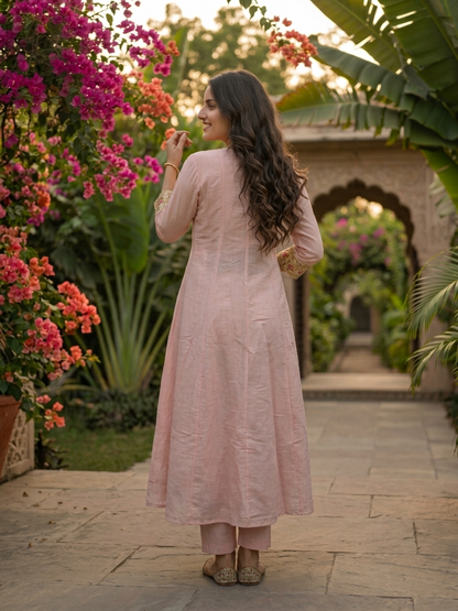 Pink Chanderi Silk Anarkali Set with Thread & Sequin Embroidery, Pants & Dupatta