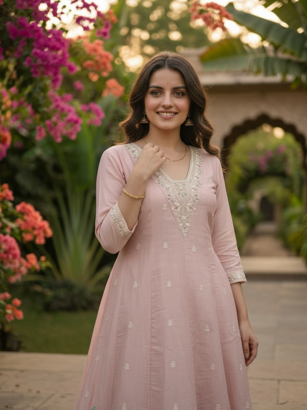 Pink Chanderi Silk Anarkali Set with Thread & Sequin Embroidery, Pants & Dupatta