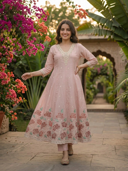 Pink Chanderi Silk Anarkali Set with Thread & Sequin Embroidery, Pants & Dupatta