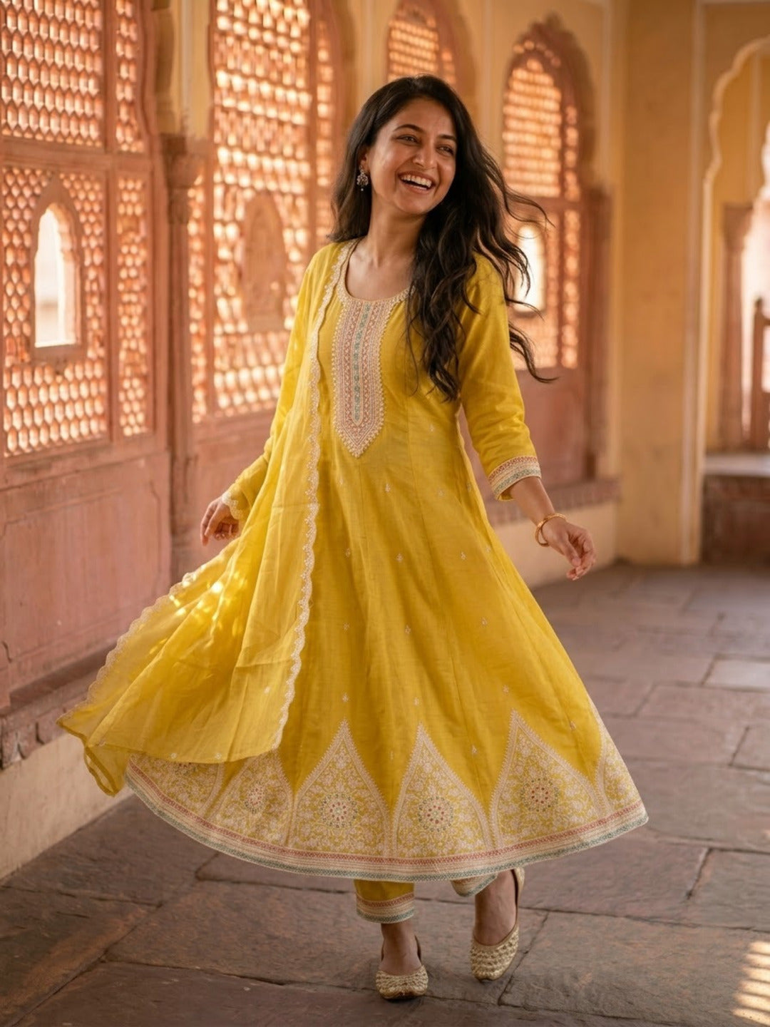 Mustard Chanderi Silk Anarkali Set with Thread & Sequin Embroidery, Pants & Dupatta