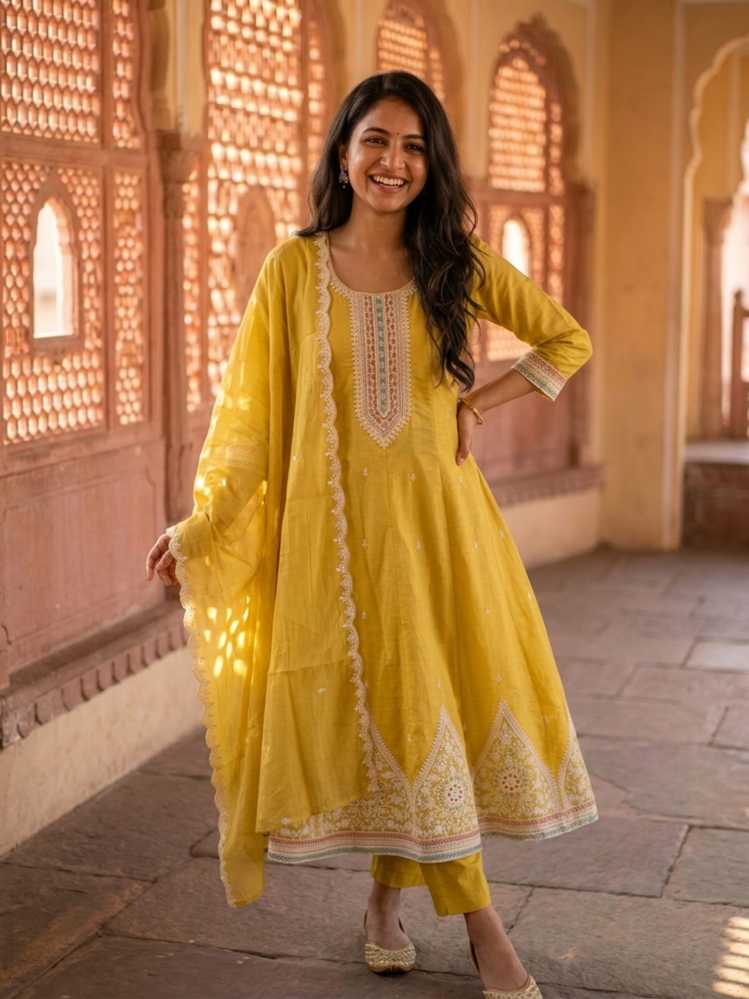 Mustard Chanderi Silk Anarkali Set with Thread & Sequin Embroidery, Pants & Dupatta