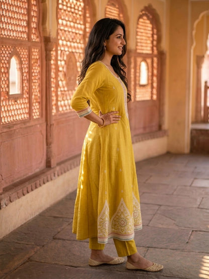 Mustard Chanderi Silk Anarkali Set with Thread & Sequin Embroidery, Pants & Dupatta