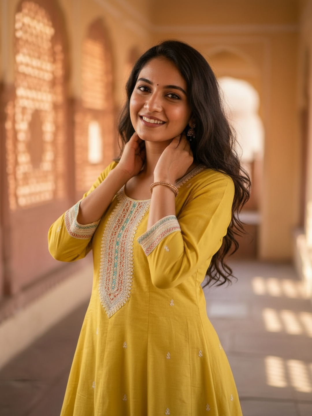Mustard Chanderi Silk Anarkali Set with Thread & Sequin Embroidery, Pants & Dupatta