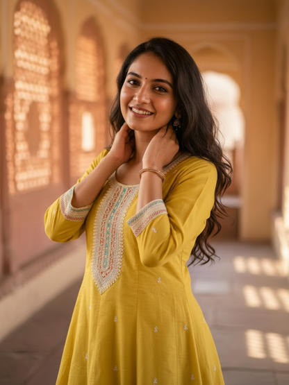 Mustard Chanderi Silk Anarkali Set with Thread & Sequin Embroidery, Pants & Dupatta