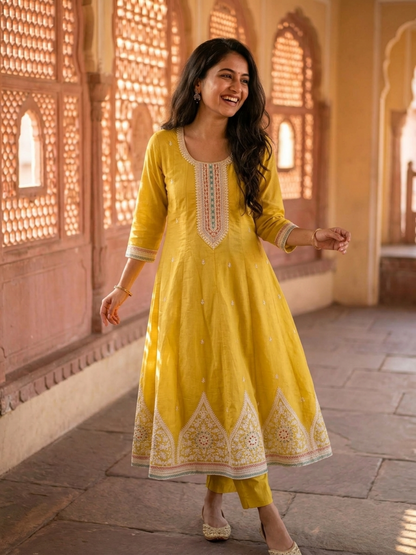 Mustard Chanderi Silk Anarkali Set with Thread & Sequin Embroidery, Pants & Dupatta