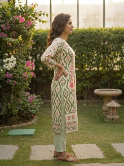 Green Floral Cotton Kurta Set with Cutdana & Lace, Cream Trousers & Printed Dupatta