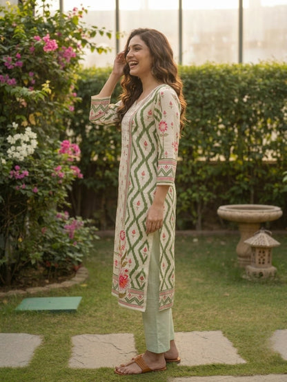 Green Floral Cotton Kurta Set with Cutdana & Lace, Cream Trousers & Printed Dupatta