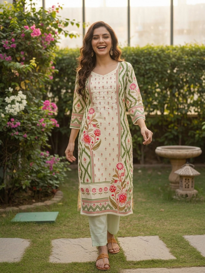 Green Floral Cotton Kurta Set with Cutdana & Lace, Cream Trousers & Printed Dupatta