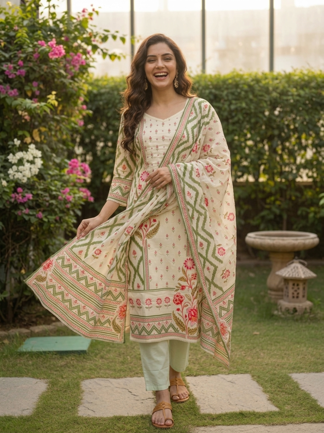 Green Floral Cotton Kurta Set with Cutdana & Lace, Cream Trousers & Printed Dupatta