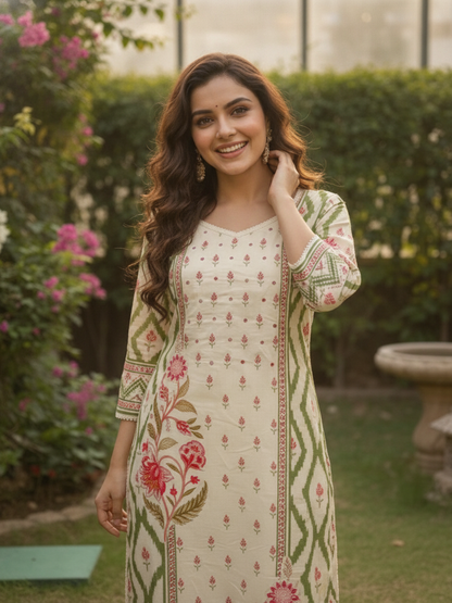 Green Floral Cotton Kurta Set with Cutdana & Lace, Cream Trousers & Printed Dupatta