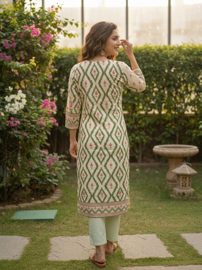 Green Floral Cotton Kurta Set with Cutdana & Lace, Cream Trousers & Printed Dupatta