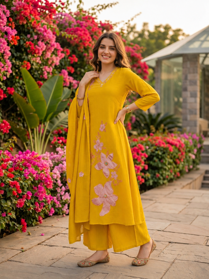 Mustard Yellow Solid Floral Patchwork Embroidered Chanderi Silk A-Line Kurta Set with Pant and Dupatta
