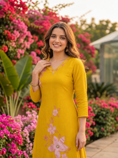 Mustard Yellow Solid Floral Patchwork Embroidered Chanderi Silk A-Line Kurta Set with Pant and Dupatta