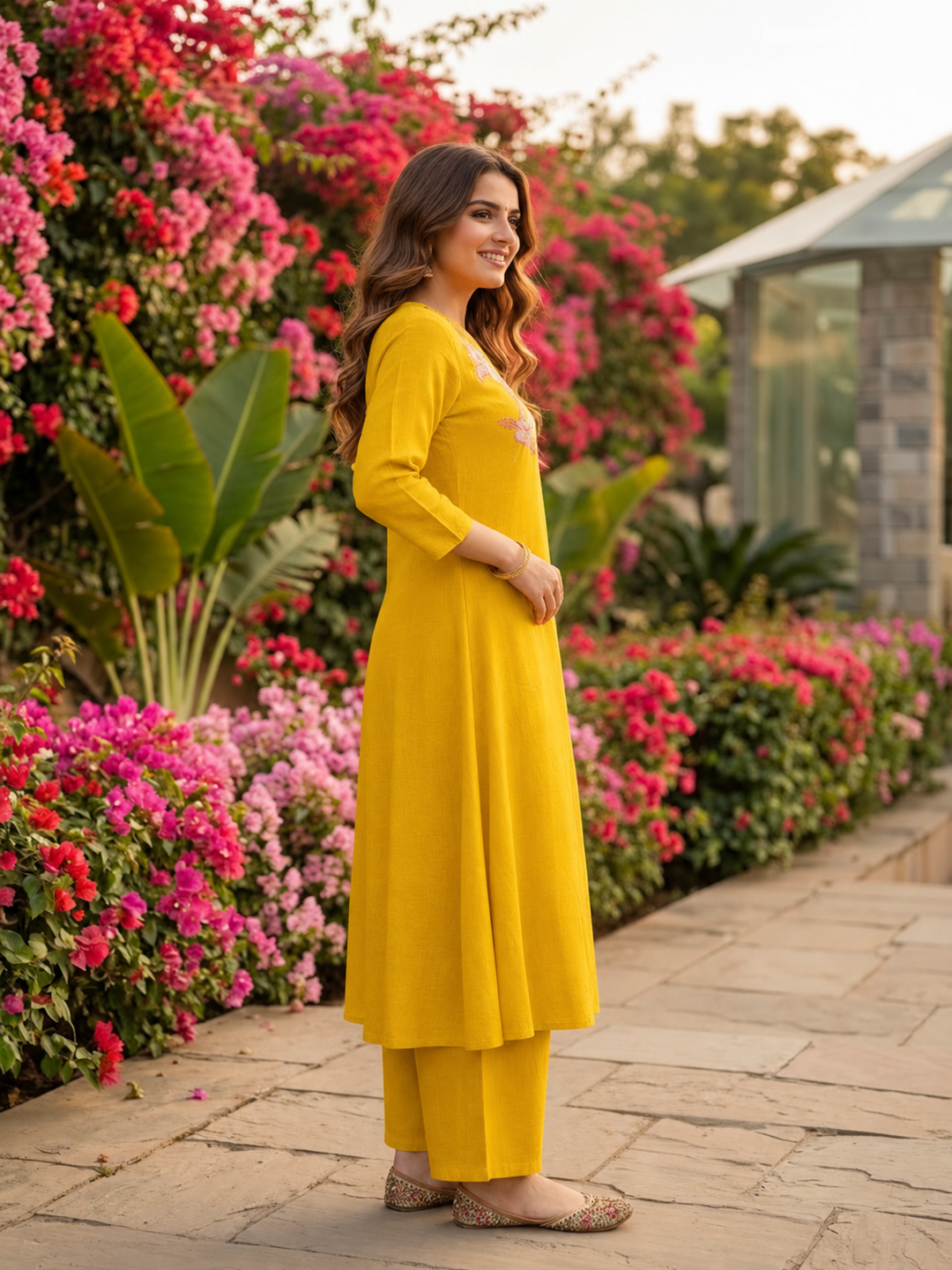 Mustard Yellow Solid Floral Patchwork Embroidered Chanderi Silk A-Line Kurta Set with Pant and Dupatta