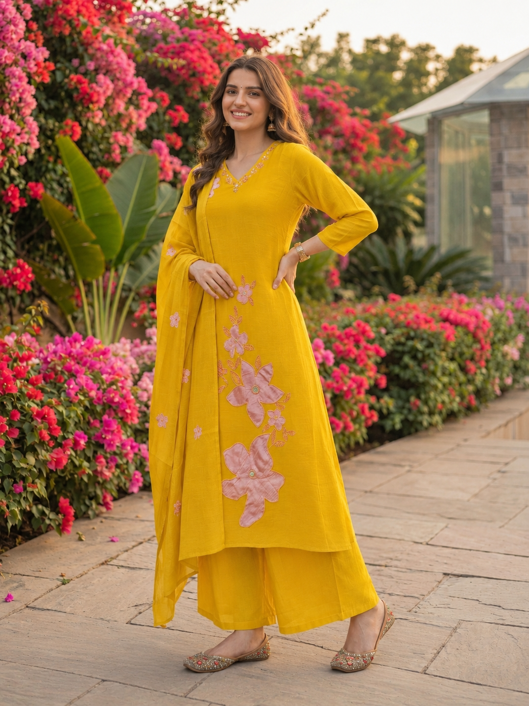 Mustard Yellow Solid Floral Patchwork Embroidered Chanderi Silk A-Line Kurta Set with Pant and Dupatta