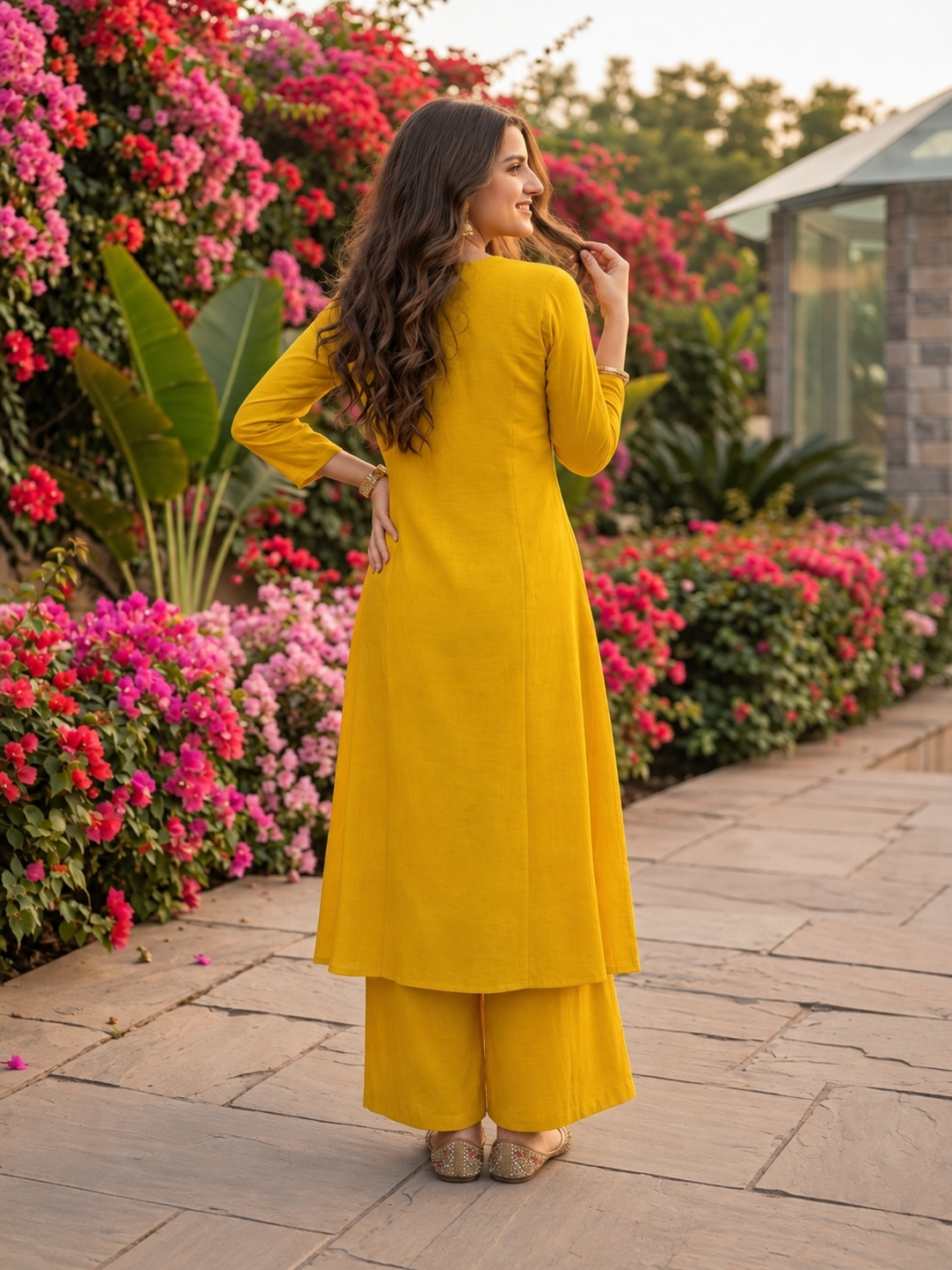 Mustard Yellow Solid Floral Patchwork Embroidered Chanderi Silk A-Line Kurta Set with Pant and Dupatta