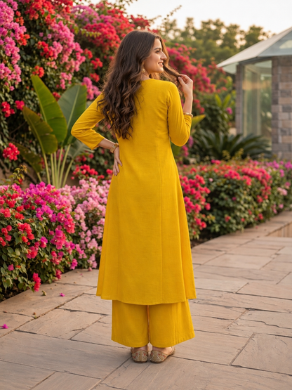 Mustard Yellow Solid Floral Patchwork Embroidered Chanderi Silk A-Line Kurta Set with Pant and Dupatta