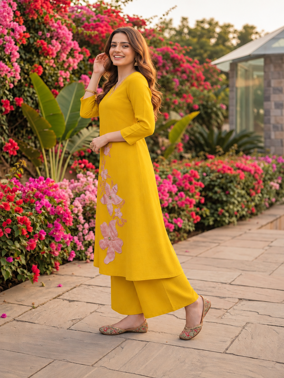 Mustard Yellow Solid Floral Patchwork Embroidered Chanderi Silk A-Line Kurta Set with Pant and Dupatta