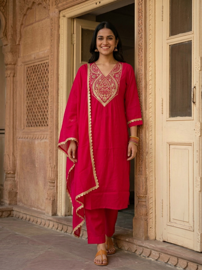 Rani Pink Chanderi Silk Kurta Set with Gota Patti Work, Palazzo & Dupatta