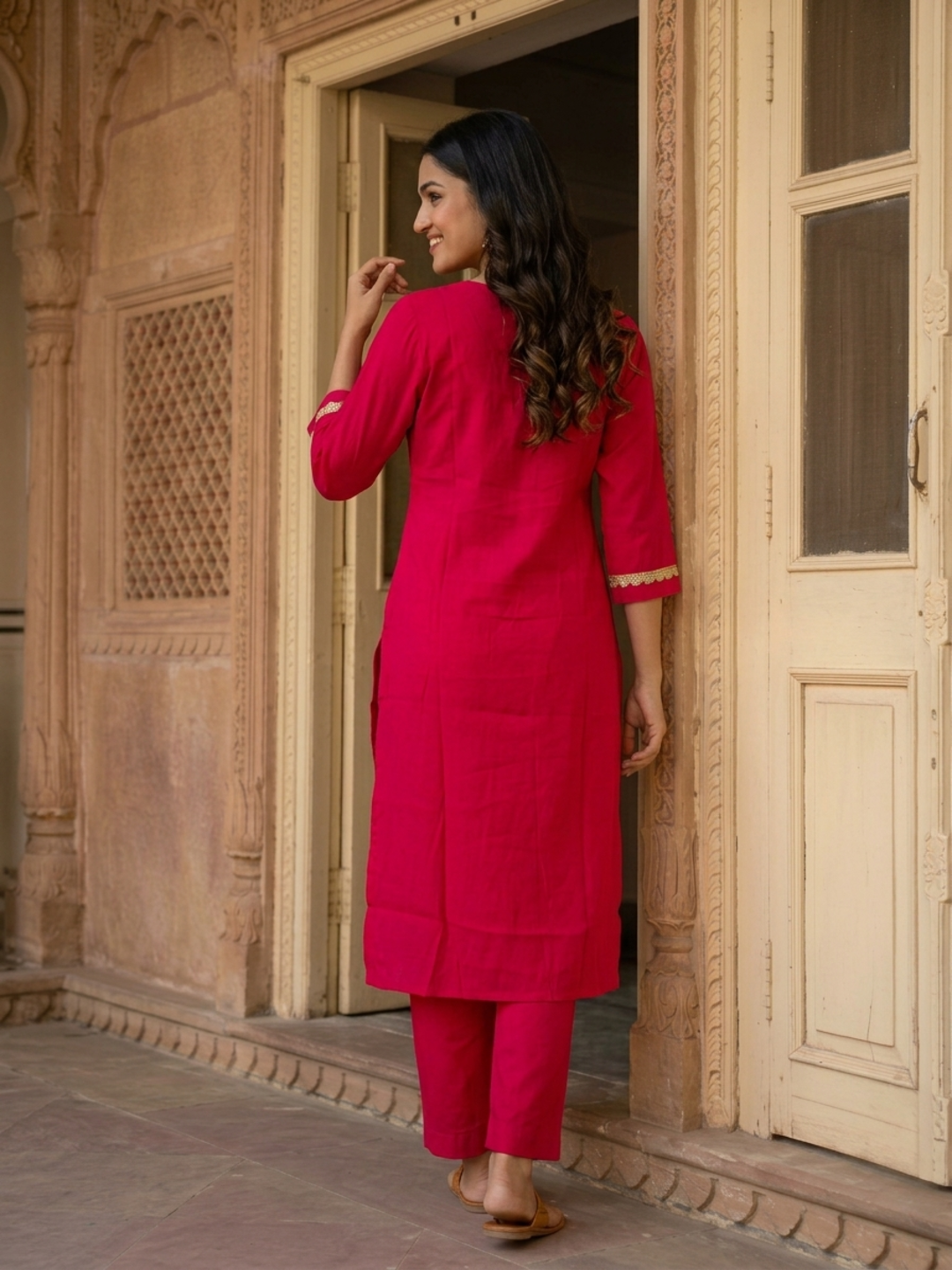 Rani Pink Chanderi Silk Kurta Set with Gota Patti Work, Palazzo & Dupatta