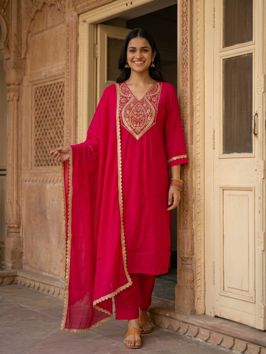Rani Pink Chanderi Silk Kurta Set with Gota Patti Work, Palazzo & Dupatta