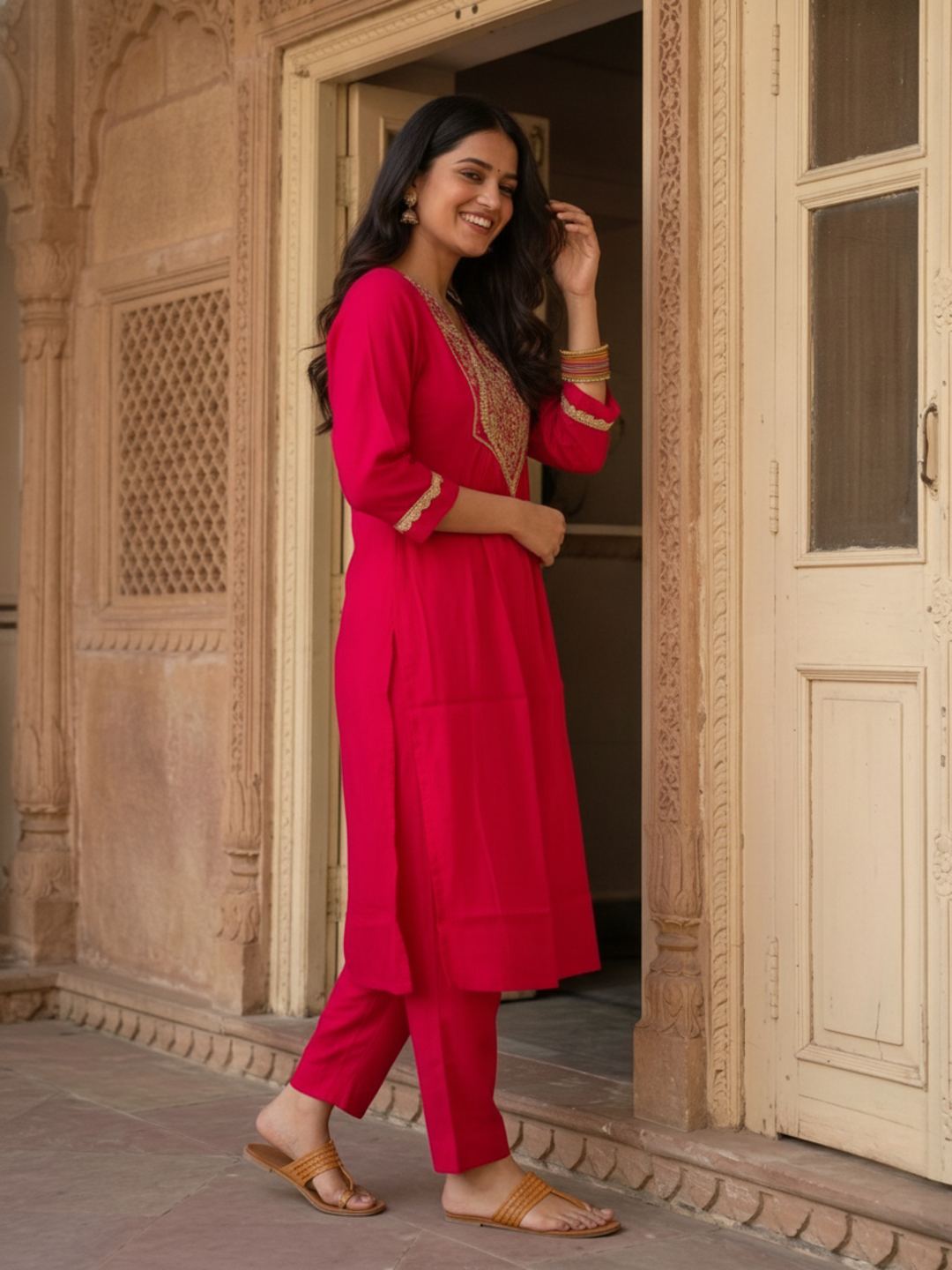 Rani Pink Chanderi Silk Kurta Set with Gota Patti Work, Palazzo & Dupatta