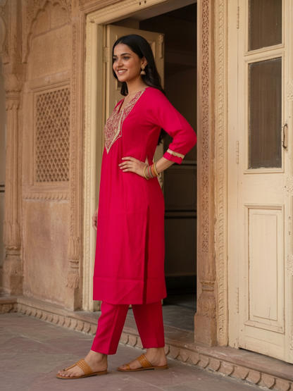 Rani Pink Chanderi Silk Kurta Set with Gota Patti Work, Palazzo & Dupatta