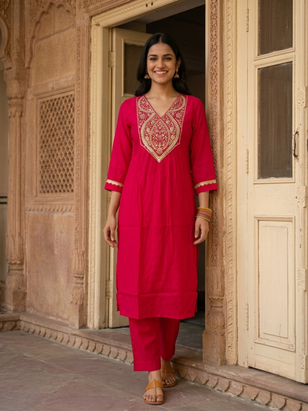 Rani Pink Chanderi Silk Kurta Set with Gota Patti Work, Palazzo & Dupatta